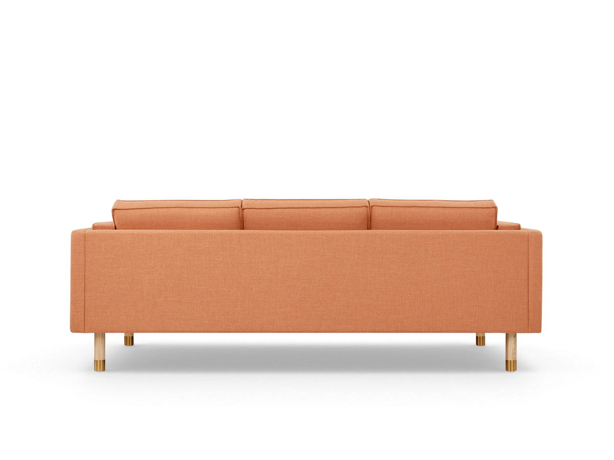 urbane EQ3 Augusta 3-over-3 club sofa in orange linen fabric with natural ash wood legs and brass metal detailing.