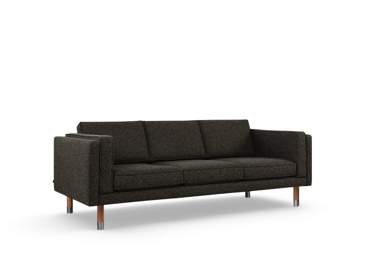 urbane EQ3 Augusta 3-over-3 club sofa in dark textured fabric with solid wood legs and metal detailing