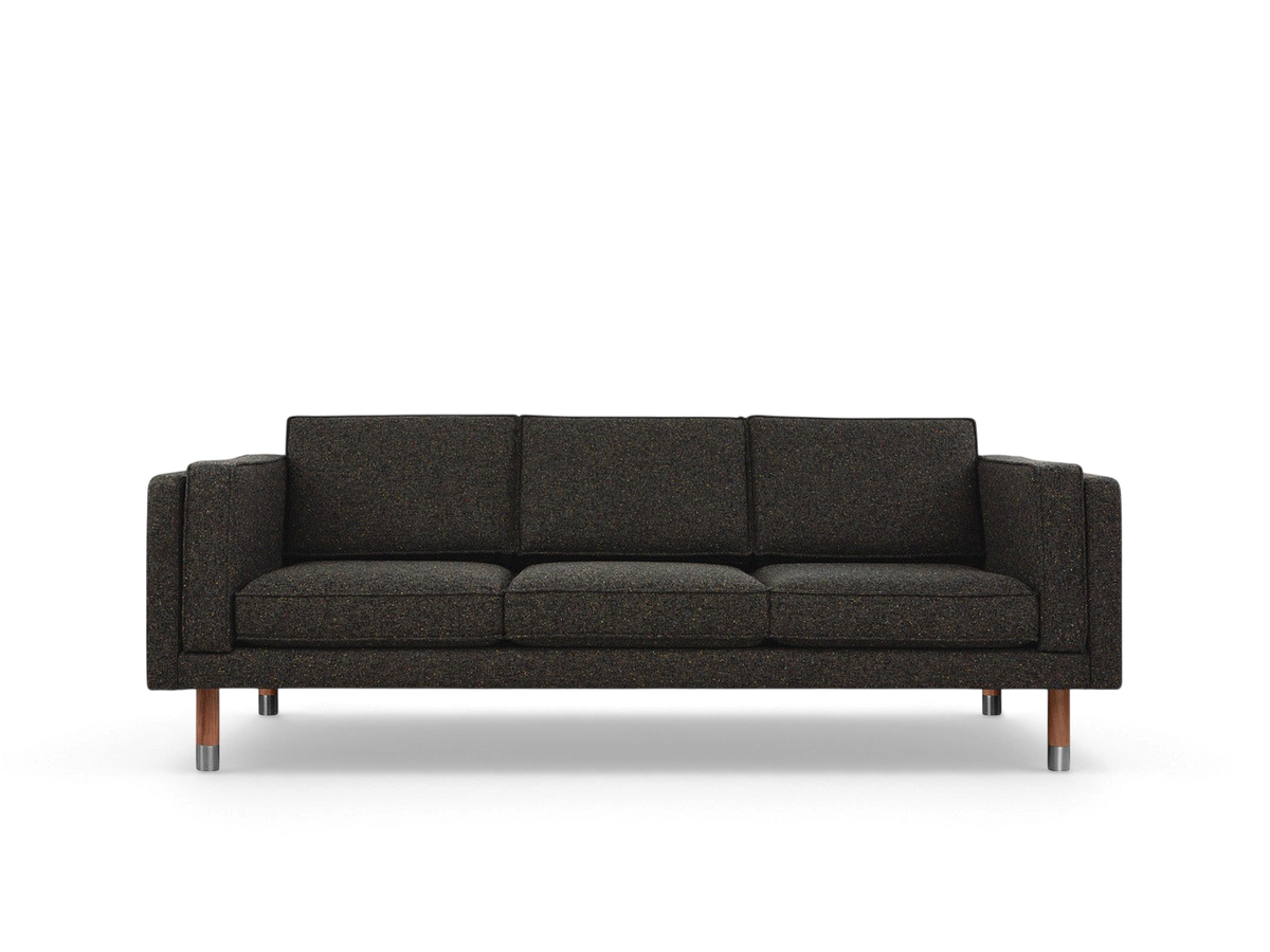 urbane EQ3 Augusta 3-over-3 club sofa in dark textured fabric with solid wood legs and pewter metal accents
