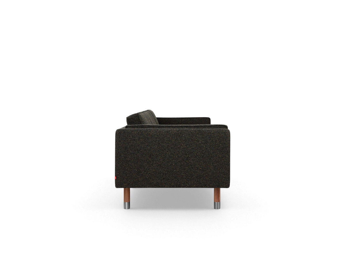urbane EQ3 Augusta 3-over-3 club sofa in dark textured fabric with solid wood legs and metal detailing, side view