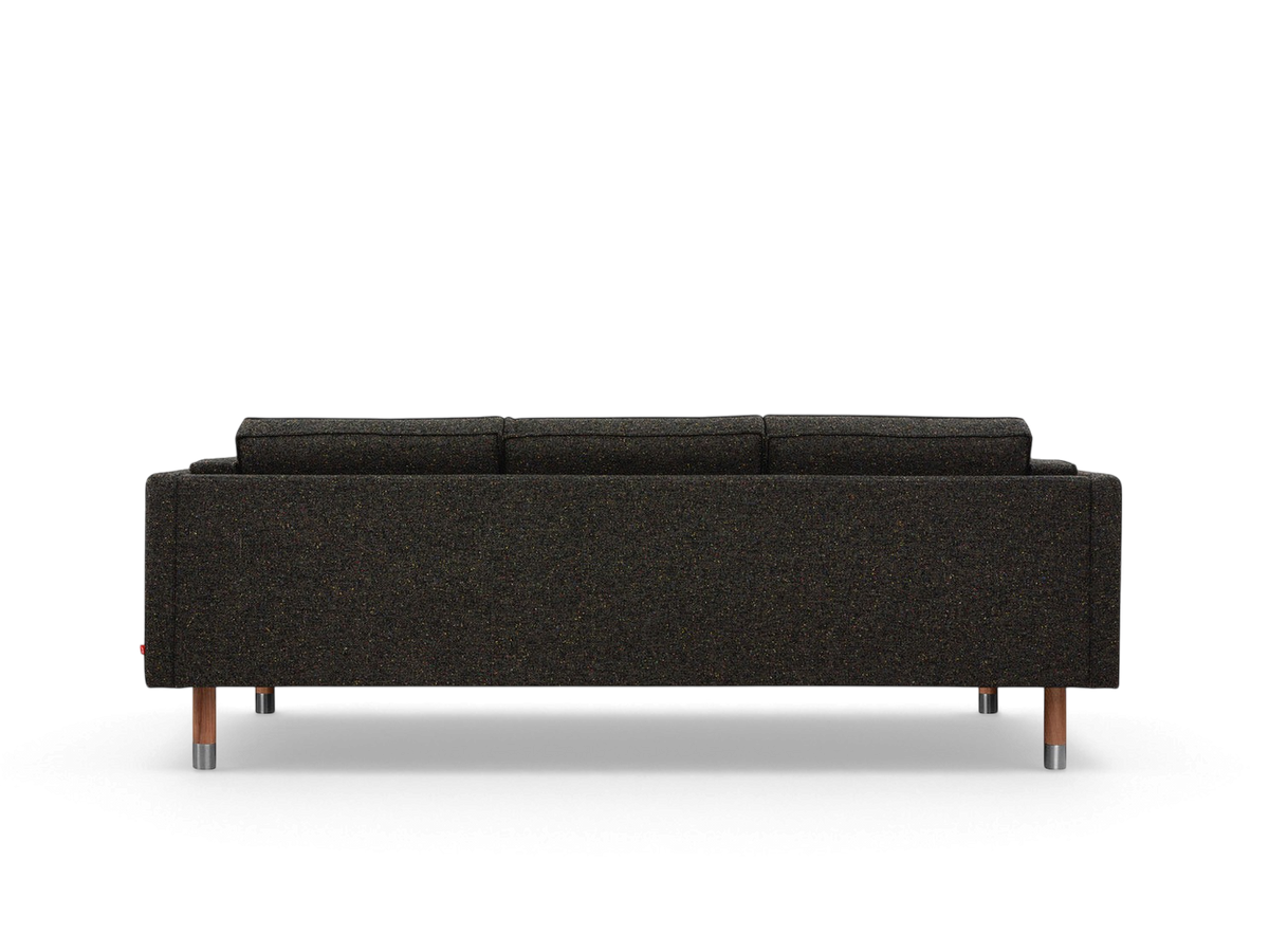 urbane EQ3 Augusta 3-over-3 club sofa in dark textured fabric with solid wood legs and metal detailing, back view