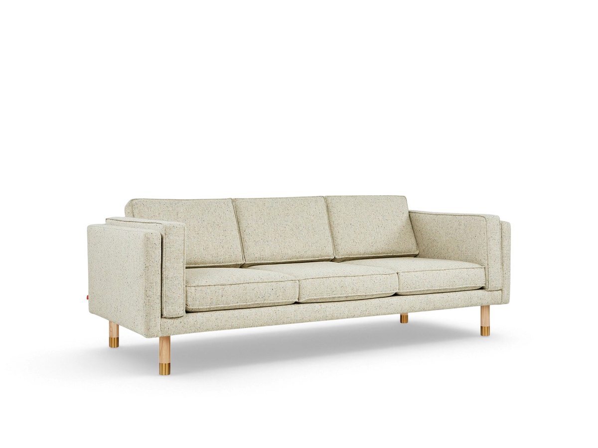 urbane EQ3 Augusta 3-over-3 club sofa in light textured fabric with natural ash and brass legs