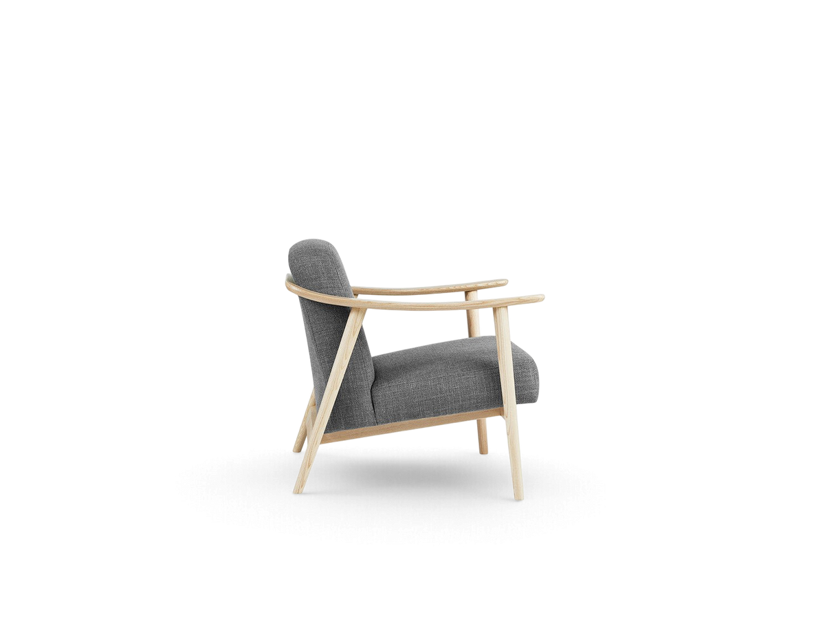 urbane EQ3 Baltic Chair in grey fabric with a light ash wood frame, featuring curved armrests and a minimalist design