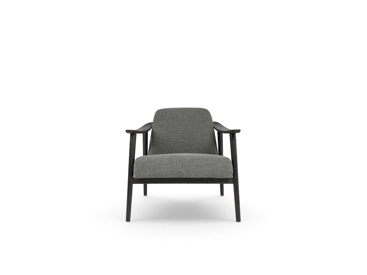 urbane EQ3 Baltic Chair with a dark wood frame and grey upholstered seat in a minimalist Nordic design