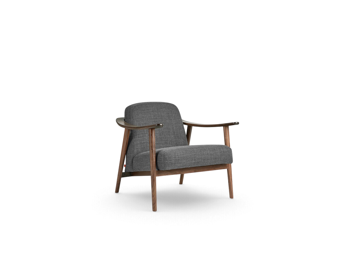 urbane EQ3 Baltic Chair featuring a dark grey upholstered seat and a sculptural solid walnut wood frame.