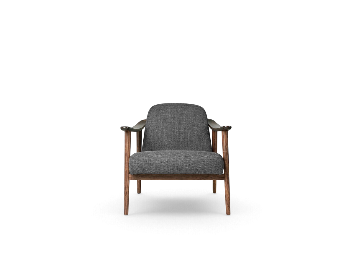 urbane EQ3 Baltic Chair with a dark walnut wood frame and grey upholstered seat in a minimalist Nordic style