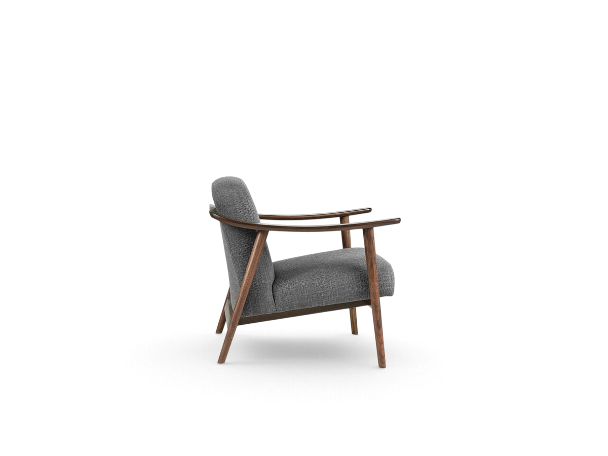 urbane EQ3 Baltic Chair in grey fabric with a dark walnut solid wood frame, shown from a side profile view.