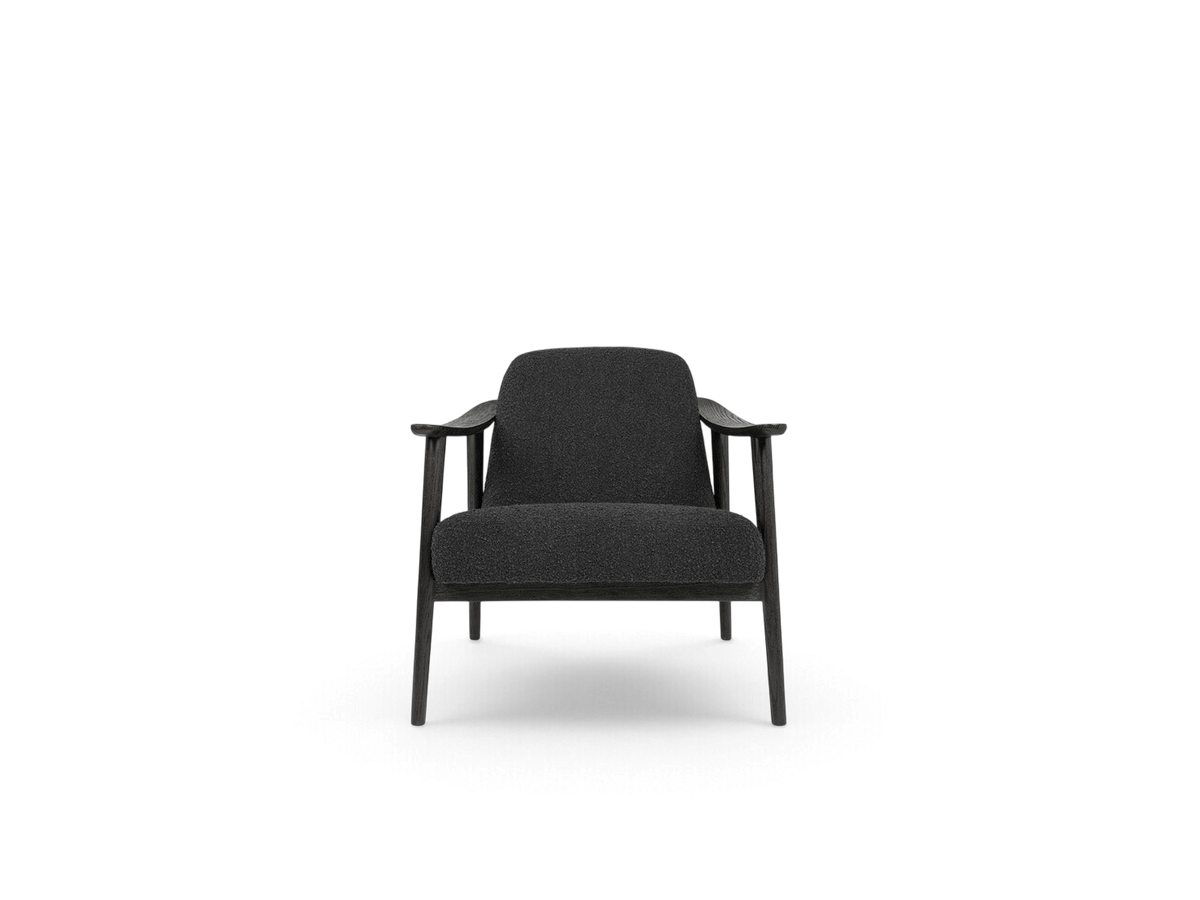 urbane EQ3 Baltic Chair featuring a dark grey upholstered seat and a solid wood frame with curved armrests.