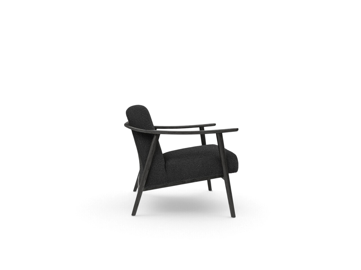 urbane EQ3 Baltic Chair in dark grey textured fabric with a solid wood frame, side profile view
