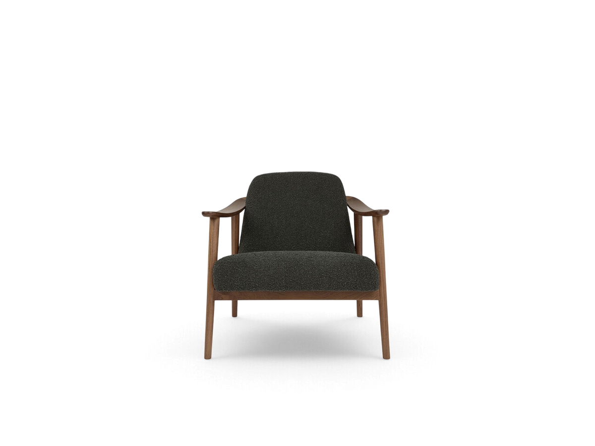 urbane EQ3 Baltic Chair with a dark grey upholstered seat and a sculptural solid walnut wood frame