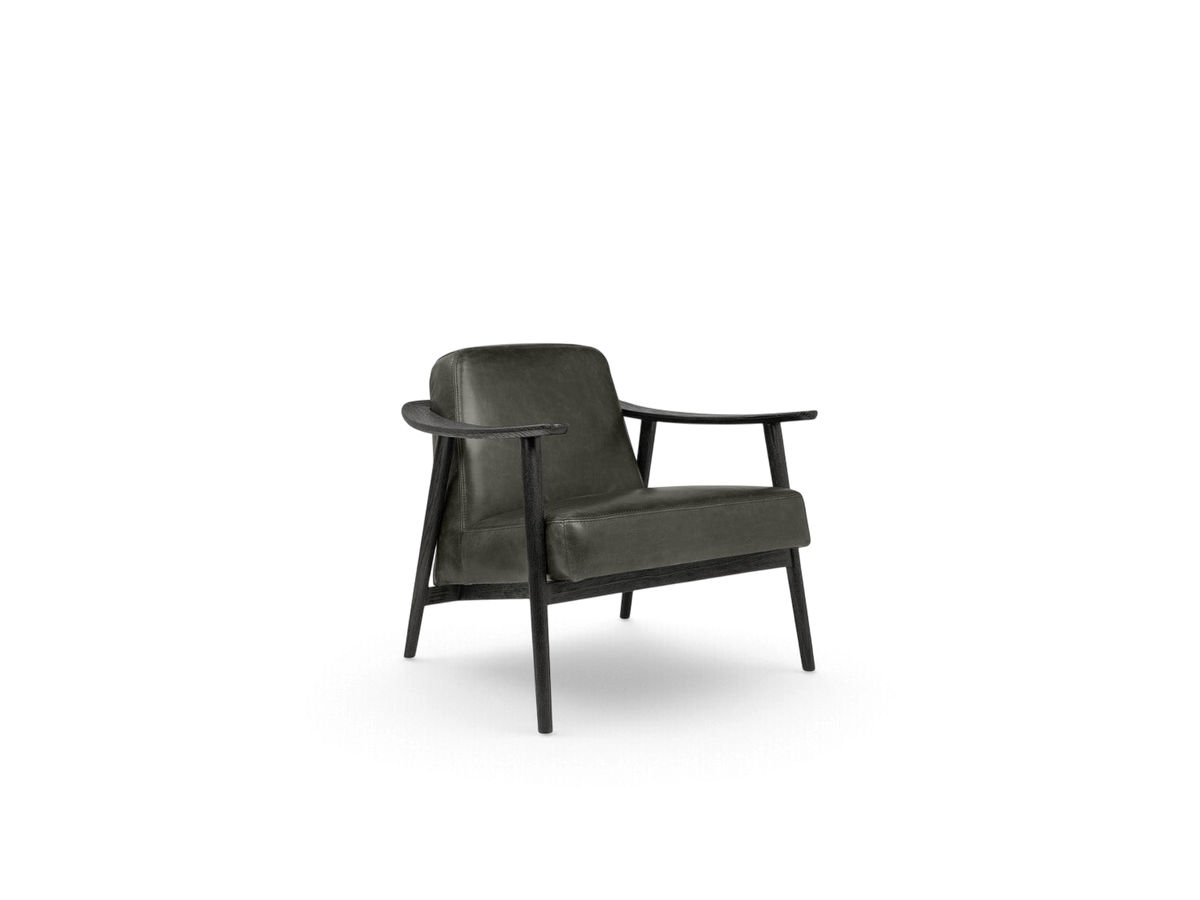 urbane EQ3 Baltic Chair in dark grey leather with a solid wood frame featuring curved armrests in a minimalist style
