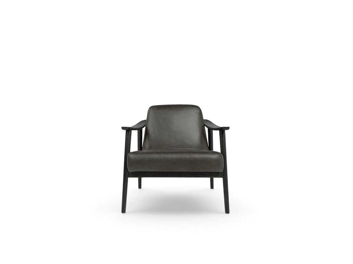 urbane EQ3 Baltic Chair featuring a dark grey upholstered seat and a solid wood frame with curved armrests