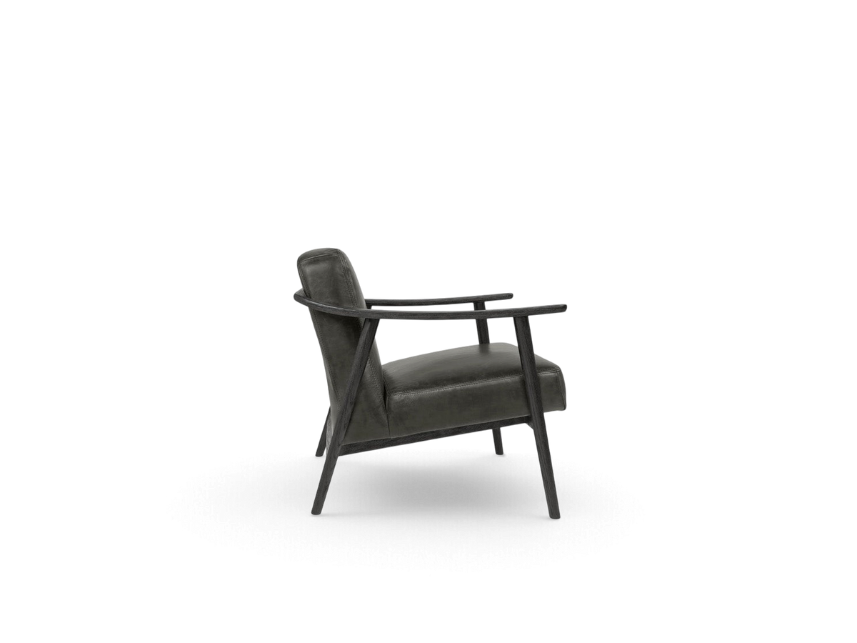 urbane EQ3 Baltic Chair in dark grey upholstery with a solid wood frame, shown from a side profile view.