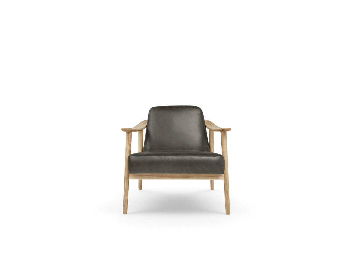 urbane EQ3 Baltic Chair with a light ash wood frame and dark grey upholstered seat and back in a minimalist style