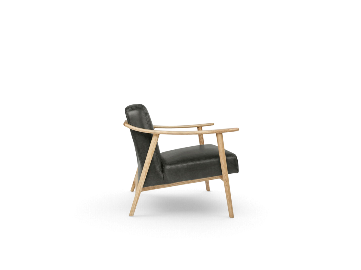 urbane EQ3 Baltic Chair featuring a light ash wood frame and dark grey upholstered seat in a side profile view
