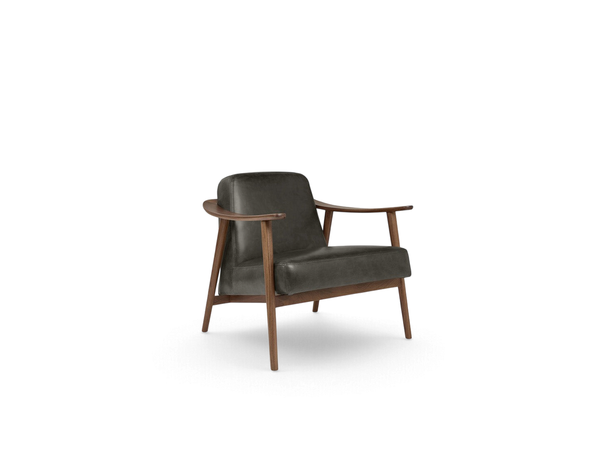 urbane EQ3 Baltic Chair featuring a dark grey upholstered seat and a sculptural solid walnut wood frame