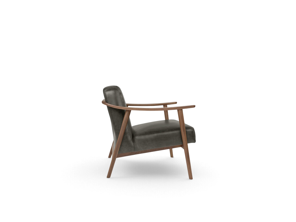 urbane EQ3 Baltic Chair in dark grey upholstery with a solid walnut wood frame, side profile view