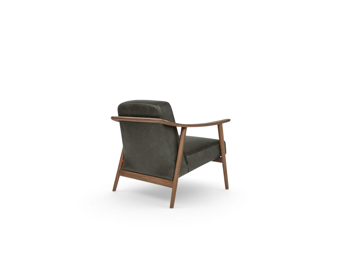 urbane EQ3 Baltic Chair with dark grey upholstery and a sculptural solid wood frame viewed from the back