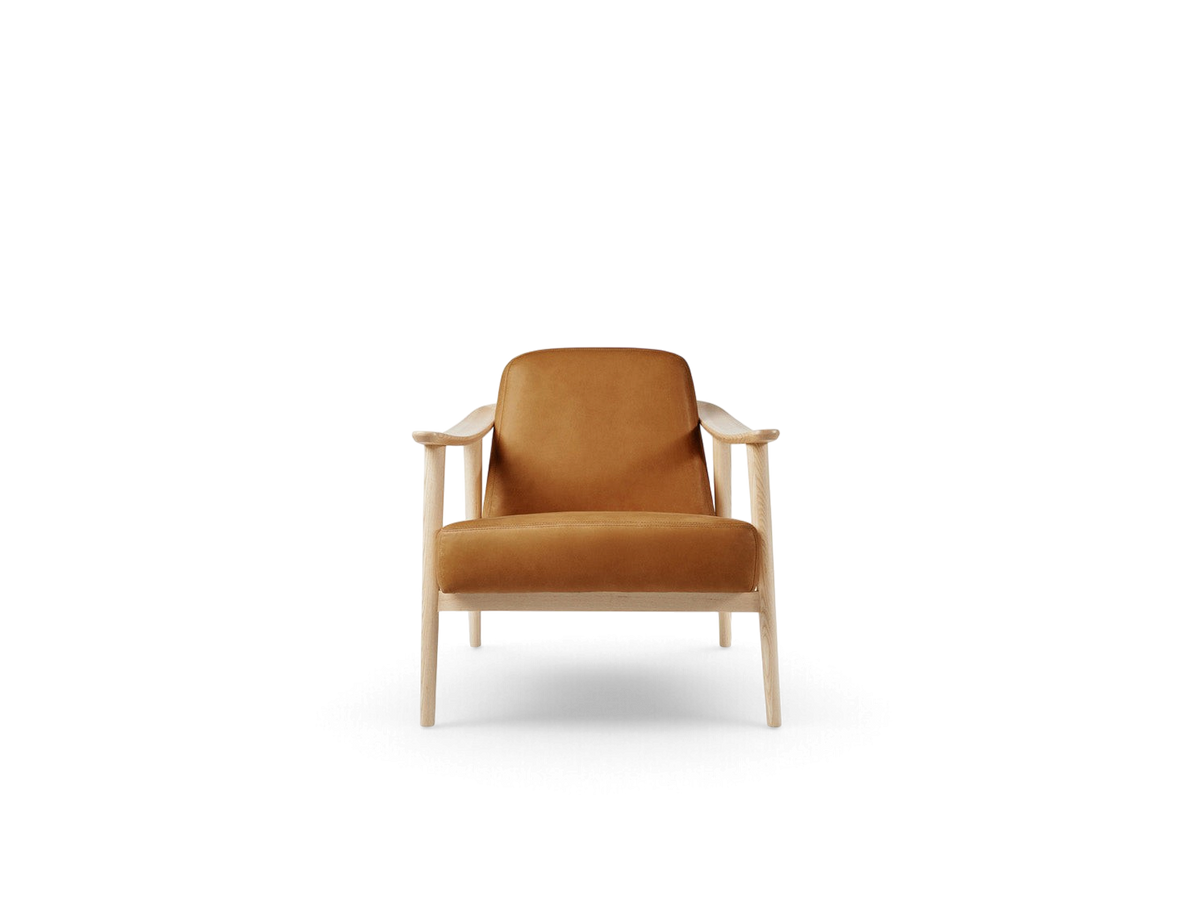 urbane EQ3 Baltic Chair featuring a light ash wood frame and tan upholstered seat in a minimalist Nordic style