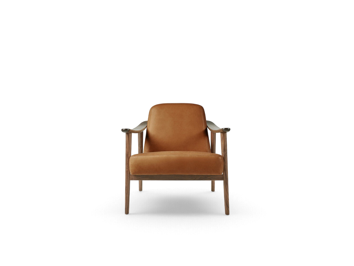 urbane EQ3 Baltic Chair featuring a warm brown upholstered seat and a sculptural solid walnut wood frame