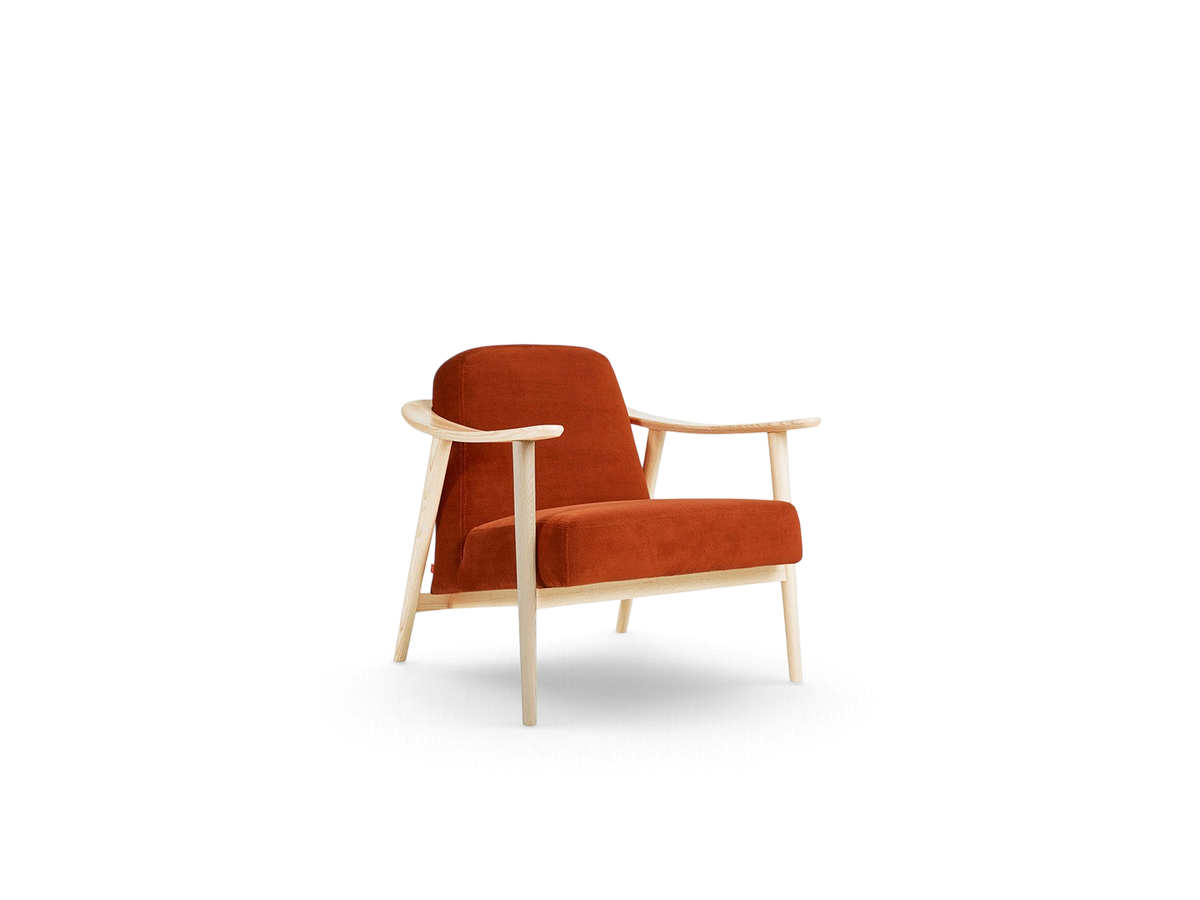 urbane EQ3 Baltic Chair featuring a rust-coloured upholstered seat and a light solid ash wood frame.