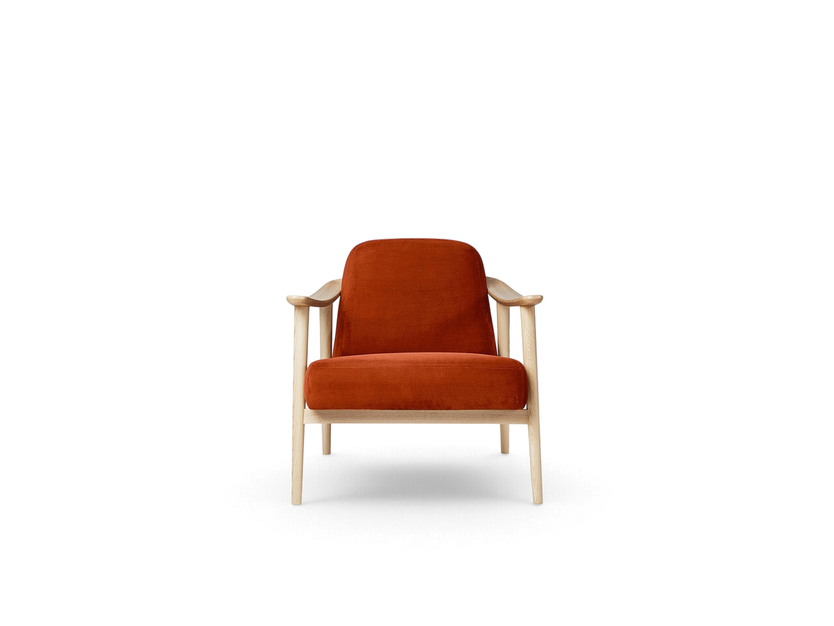 urbane EQ3 Baltic Chair with a light ash wood frame and a vibrant burnt orange upholstered seat and backrest