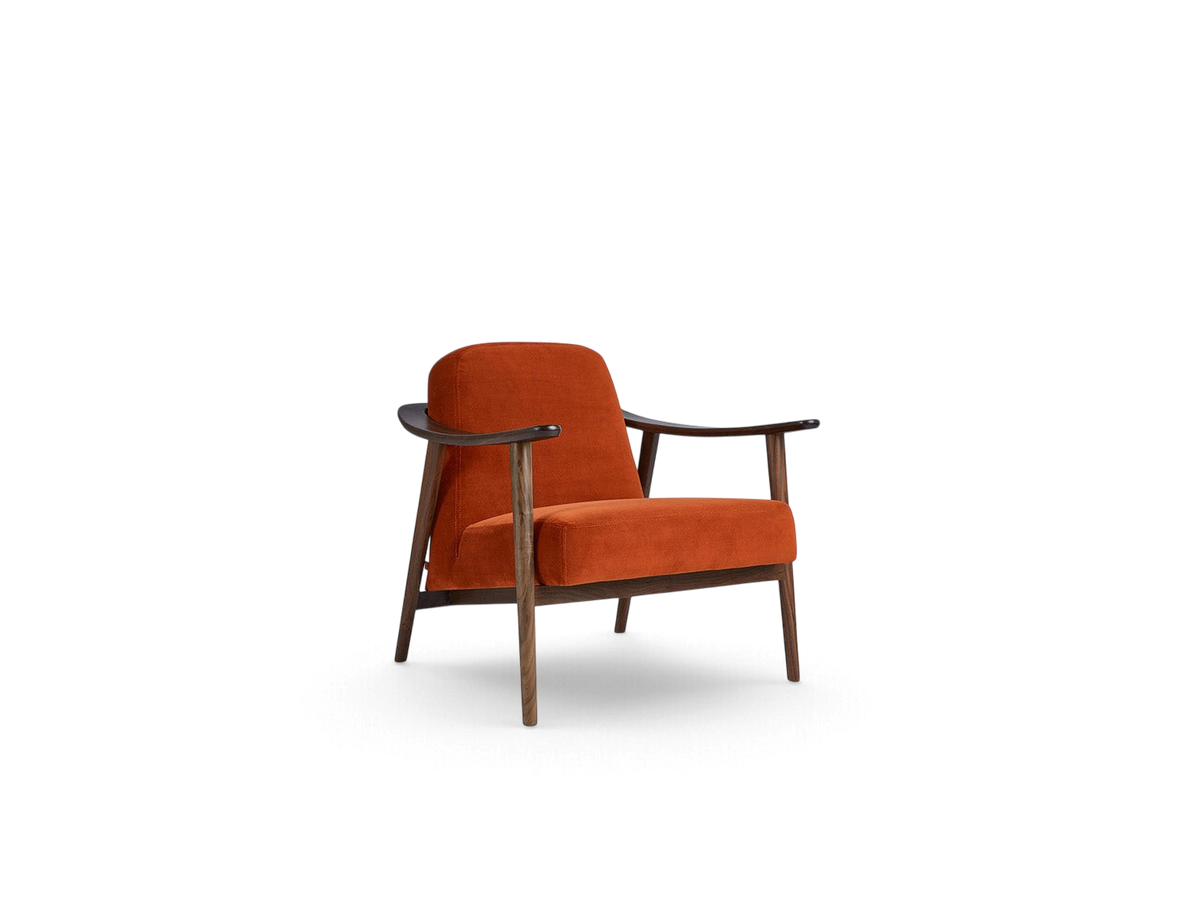urbane EQ3 Baltic Chair in burnt orange fabric with a dark solid wood frame and curved armrests