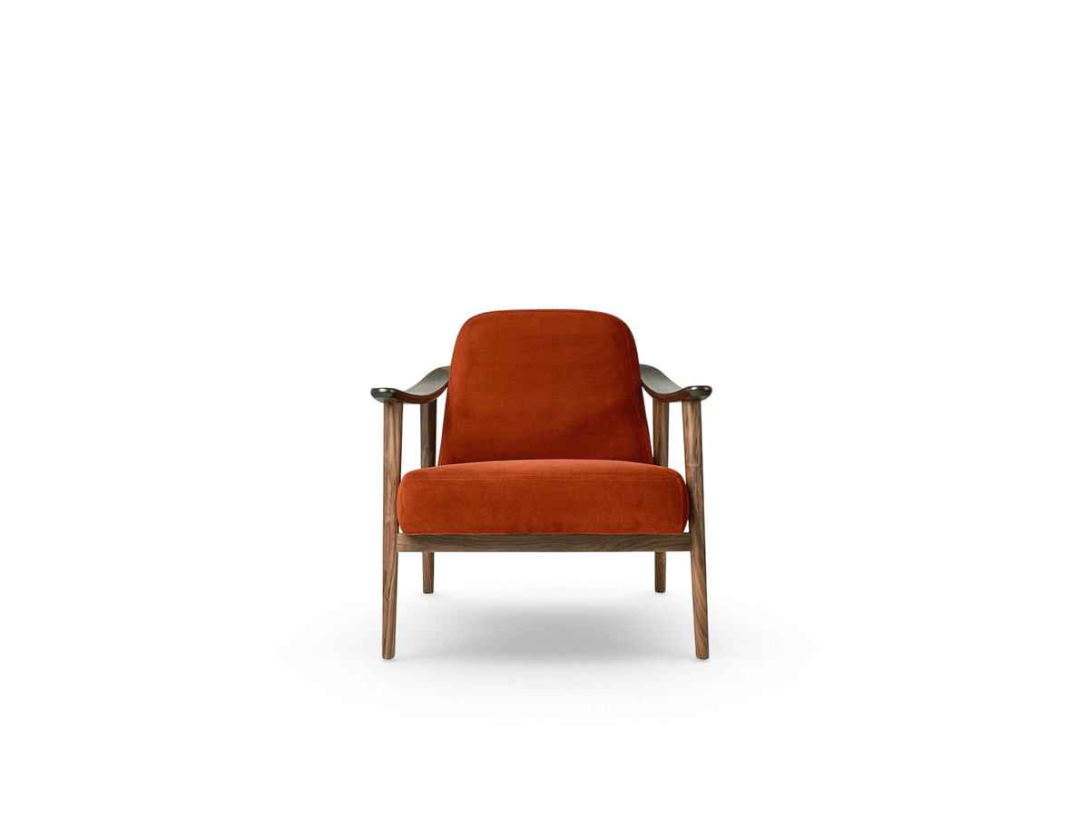urbane EQ3 Baltic Chair with a rust orange upholstered seat and a sculptural solid walnut wood frame