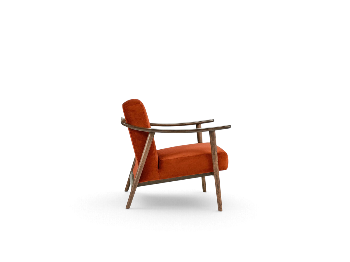 urbane EQ3 Baltic Chair in rust orange fabric with a dark walnut solid wood frame, side view