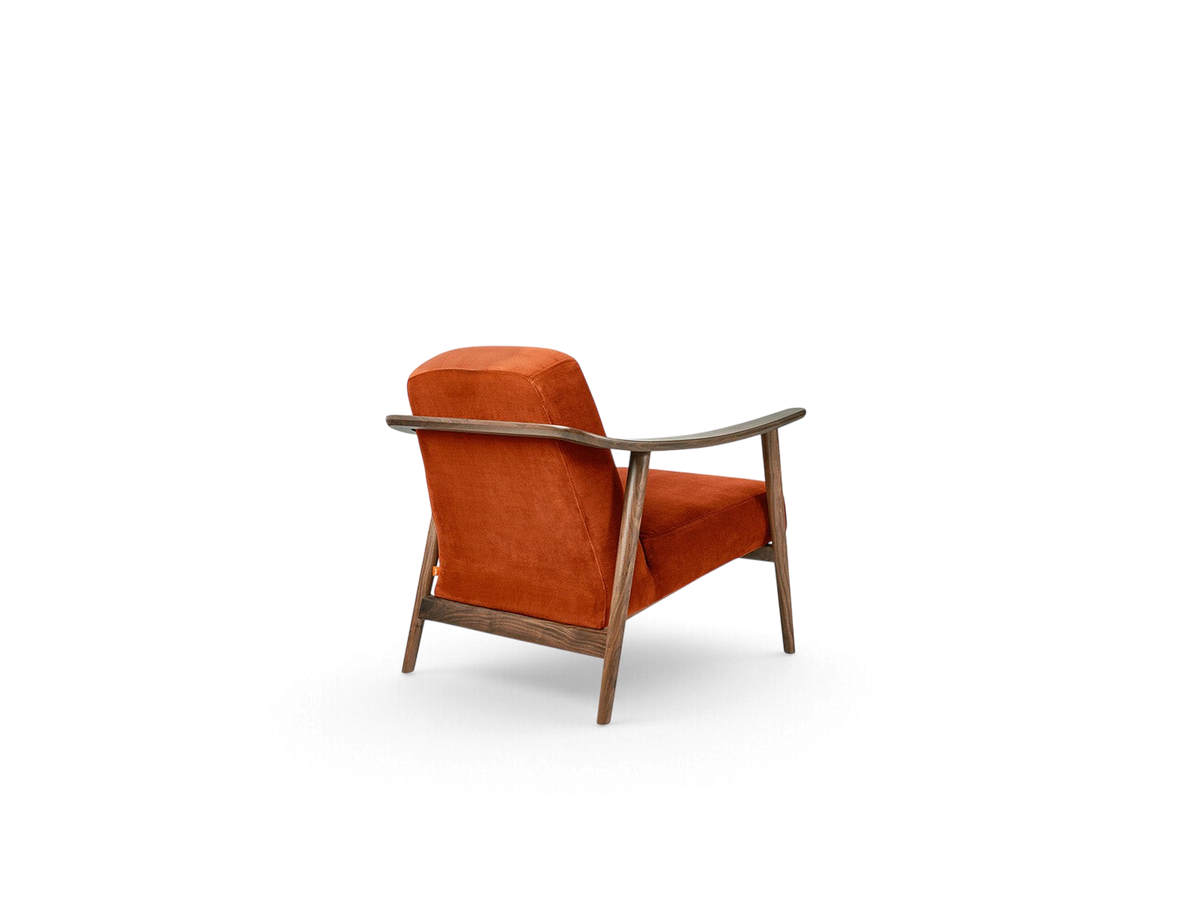 urbane EQ3 Baltic Chair in burnt orange fabric with a dark solid wood frame, viewed from the back