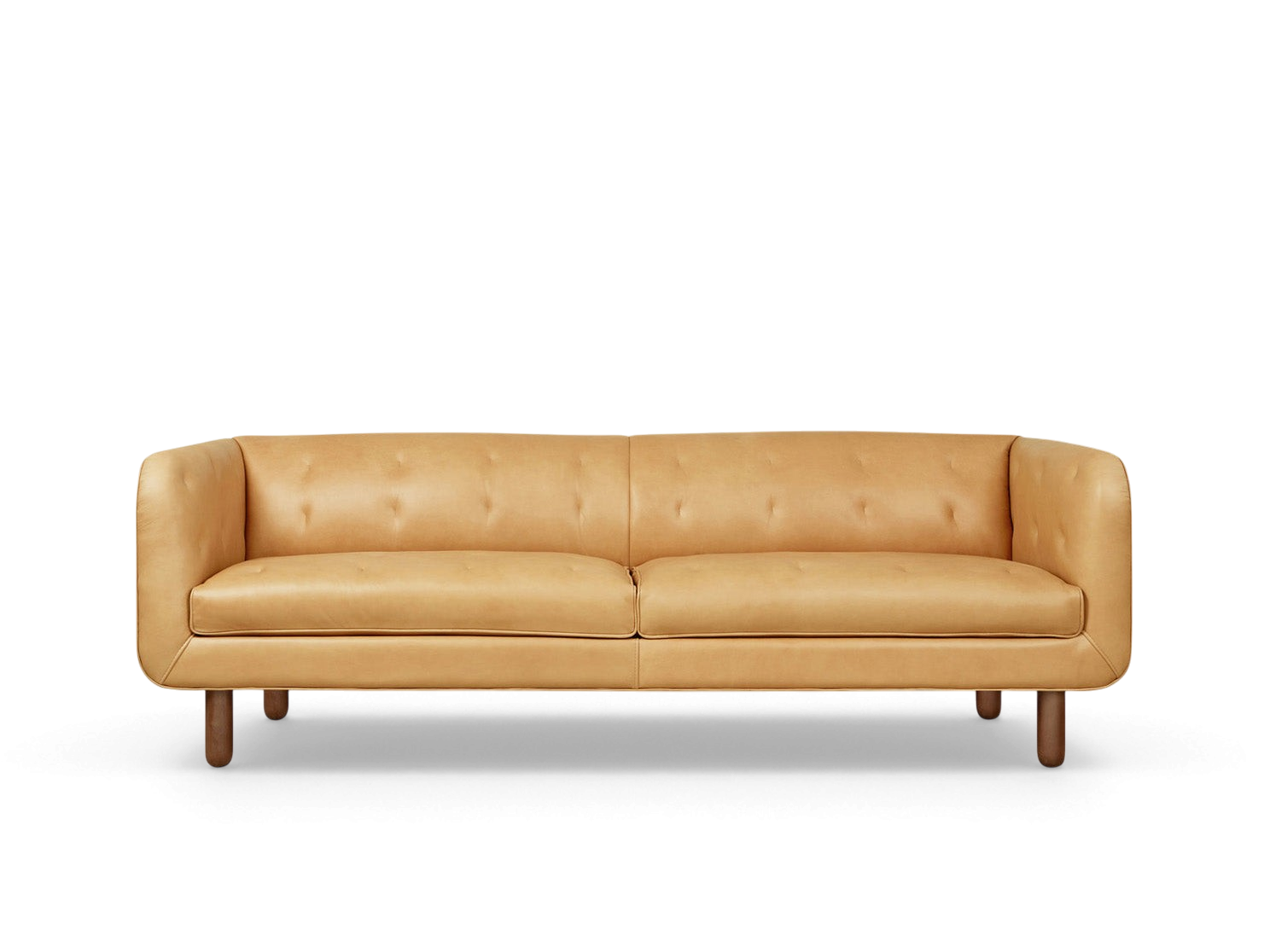 urbane EQ3 Beaconsfield sofa in tan top grain leather with blind-tufted detailing and walnut stained ash wood legs