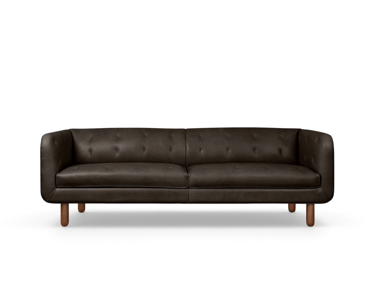 urbane EQ3 Beaconsfield sofa in dark brown top grain aniline leather with blind-tufted details and walnut stained legs
