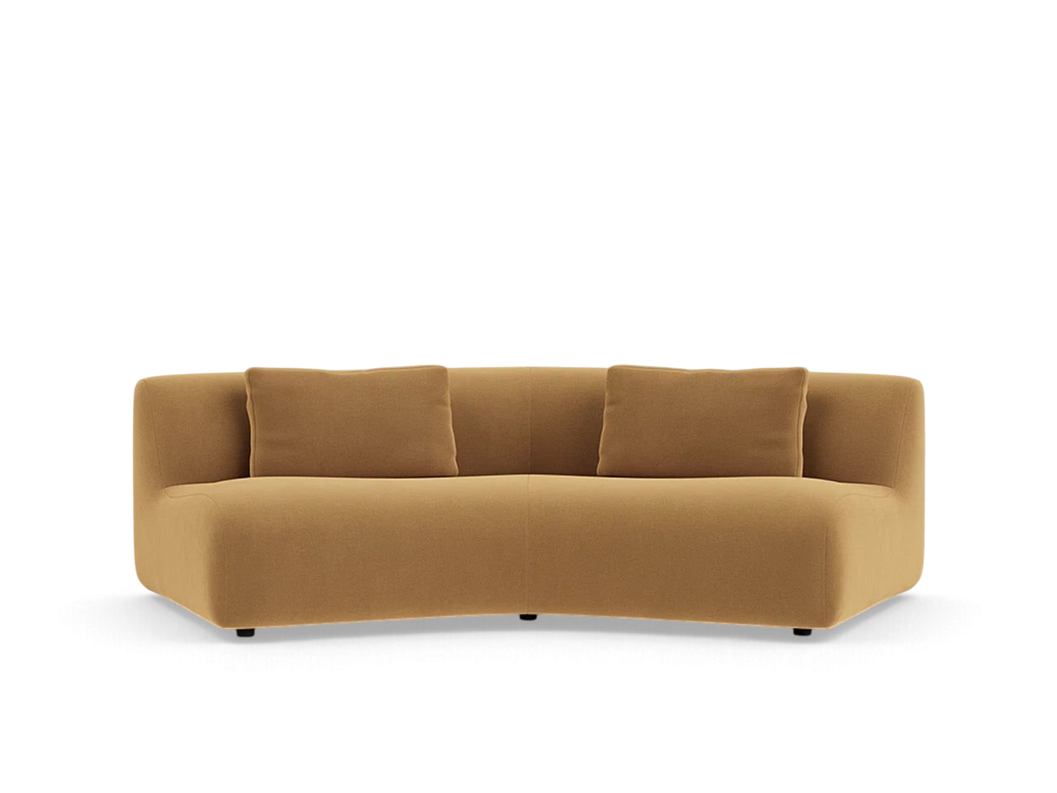 urbane EQ3 Bird Angled Corner sofa in a warm tan fabric with a curved, modular design and two matching cushions.