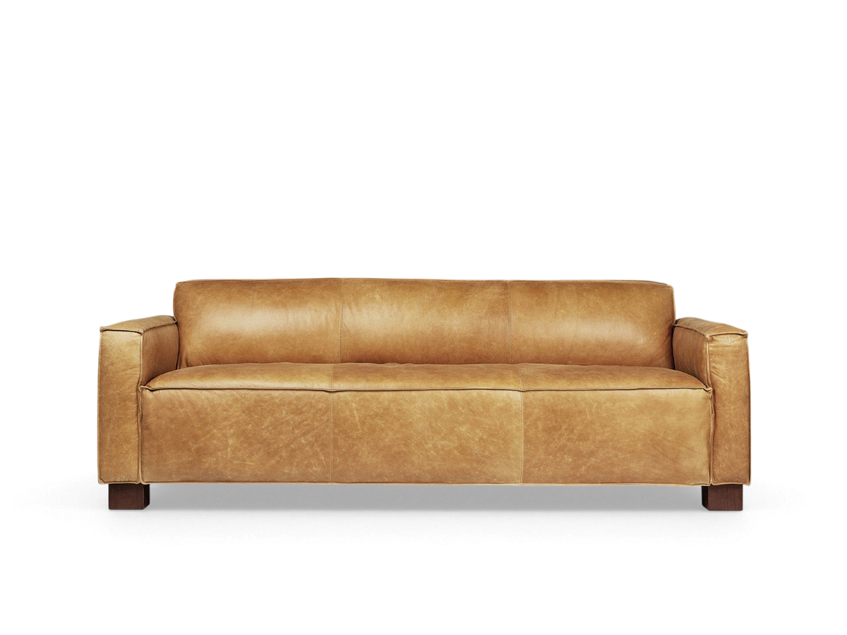 urbane EQ3 Cabot Sofa in tan top grain aniline-dyed leather with French seam detailing and walnut stained block feet