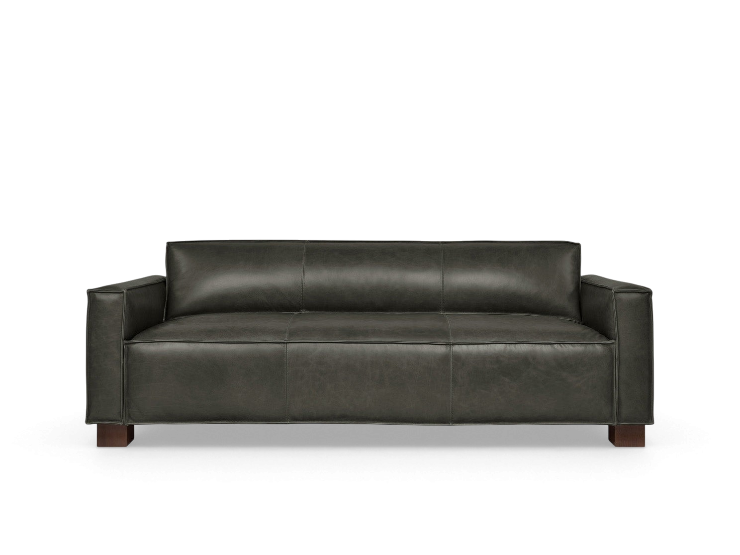 urbane EQ3 Cabot Sofa in dark vintage leather with French seam detailing and walnut stained block feet