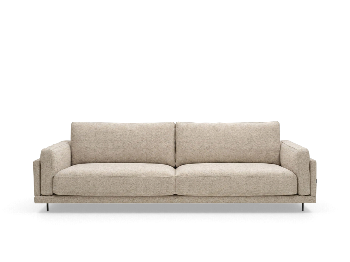 urbane EQ3 Catena Day Sofa in a neutral beige fabric with a low-profile silhouette and slim black metal legs