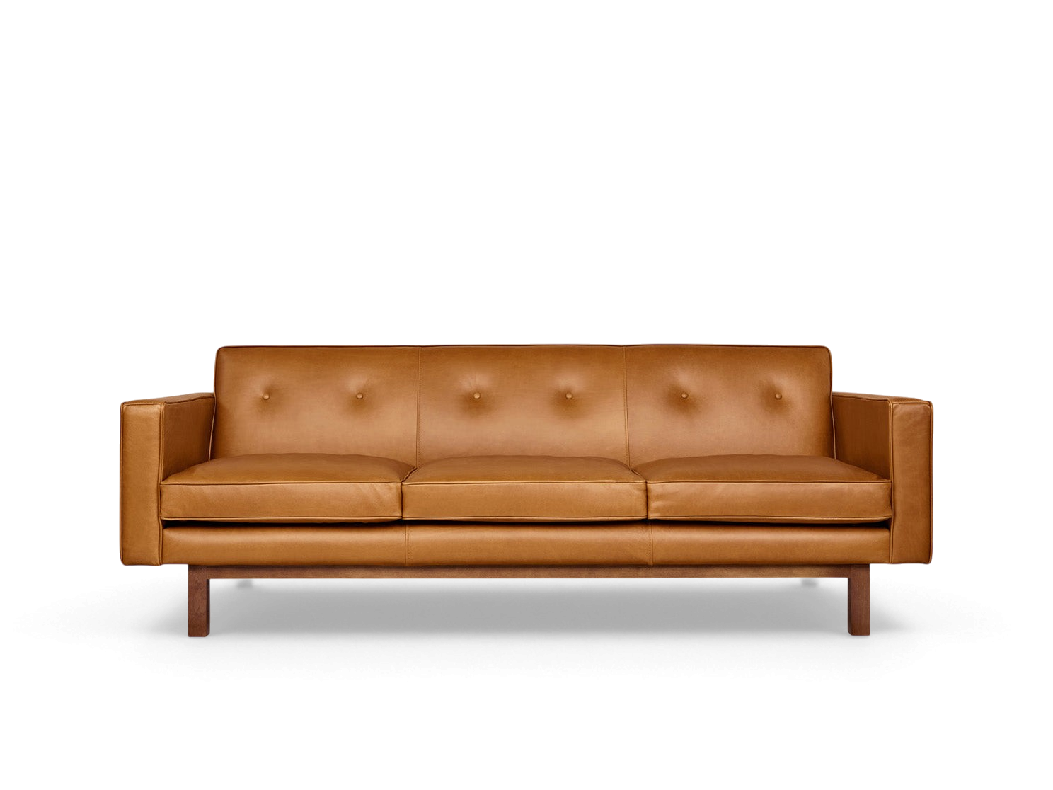 urbane EQ3 Embassy Sofa in tan top grain leather with button-tufted back and walnut stained wood base