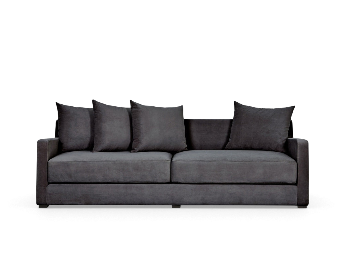 urbane EQ3 Flipside modern charcoal grey fabric sofabed with loose back cushions and dark wood block feet
