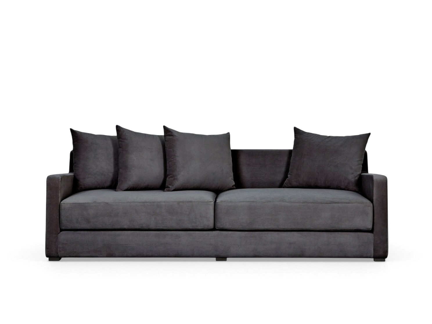 urbane EQ3 Flipside modern charcoal grey fabric sofabed with loose back cushions and dark wood block feet