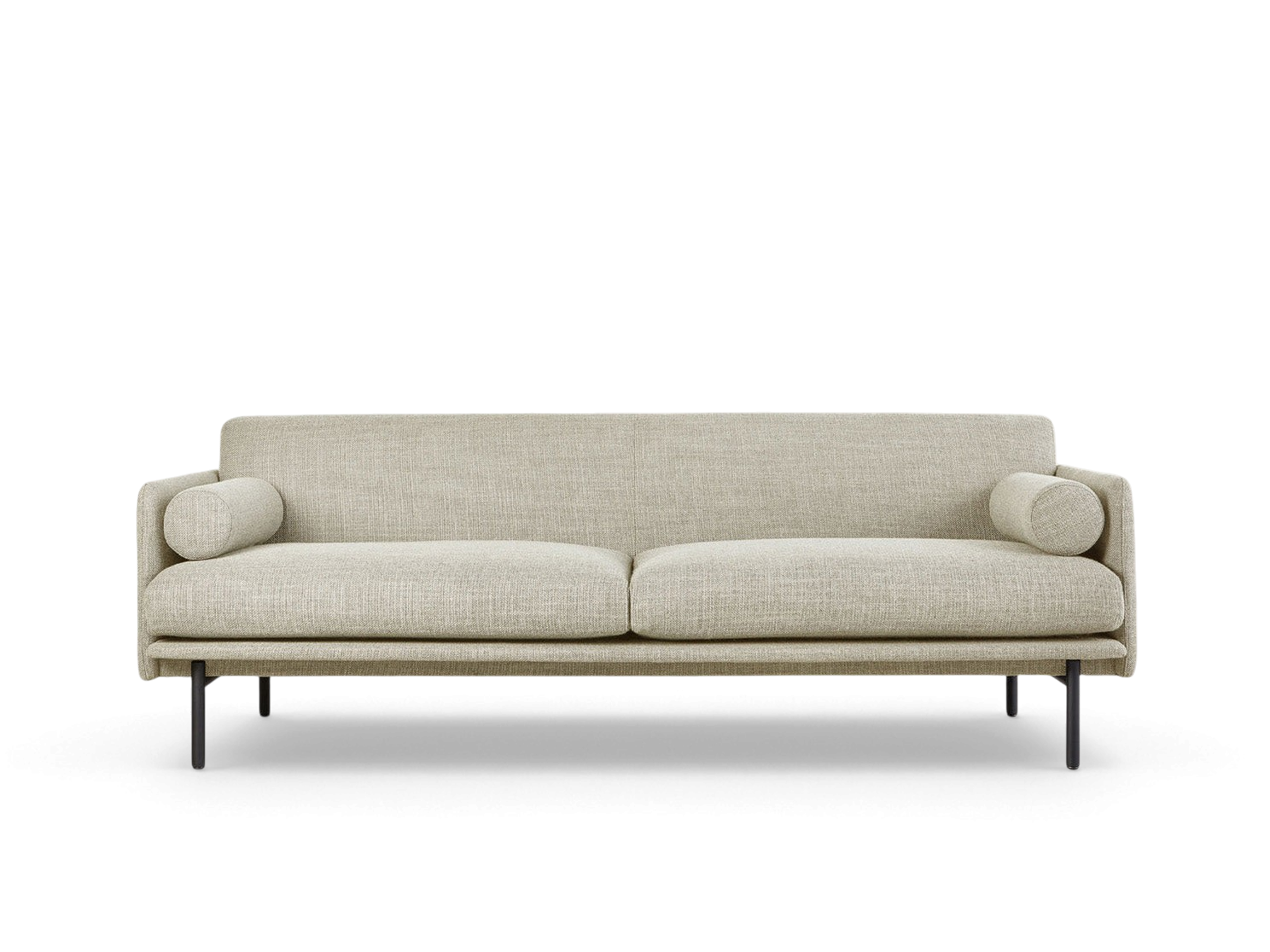 urbane EQ3 Foundry Sofa in light beige fabric with two bolster cushions and black powder-coated steel legs