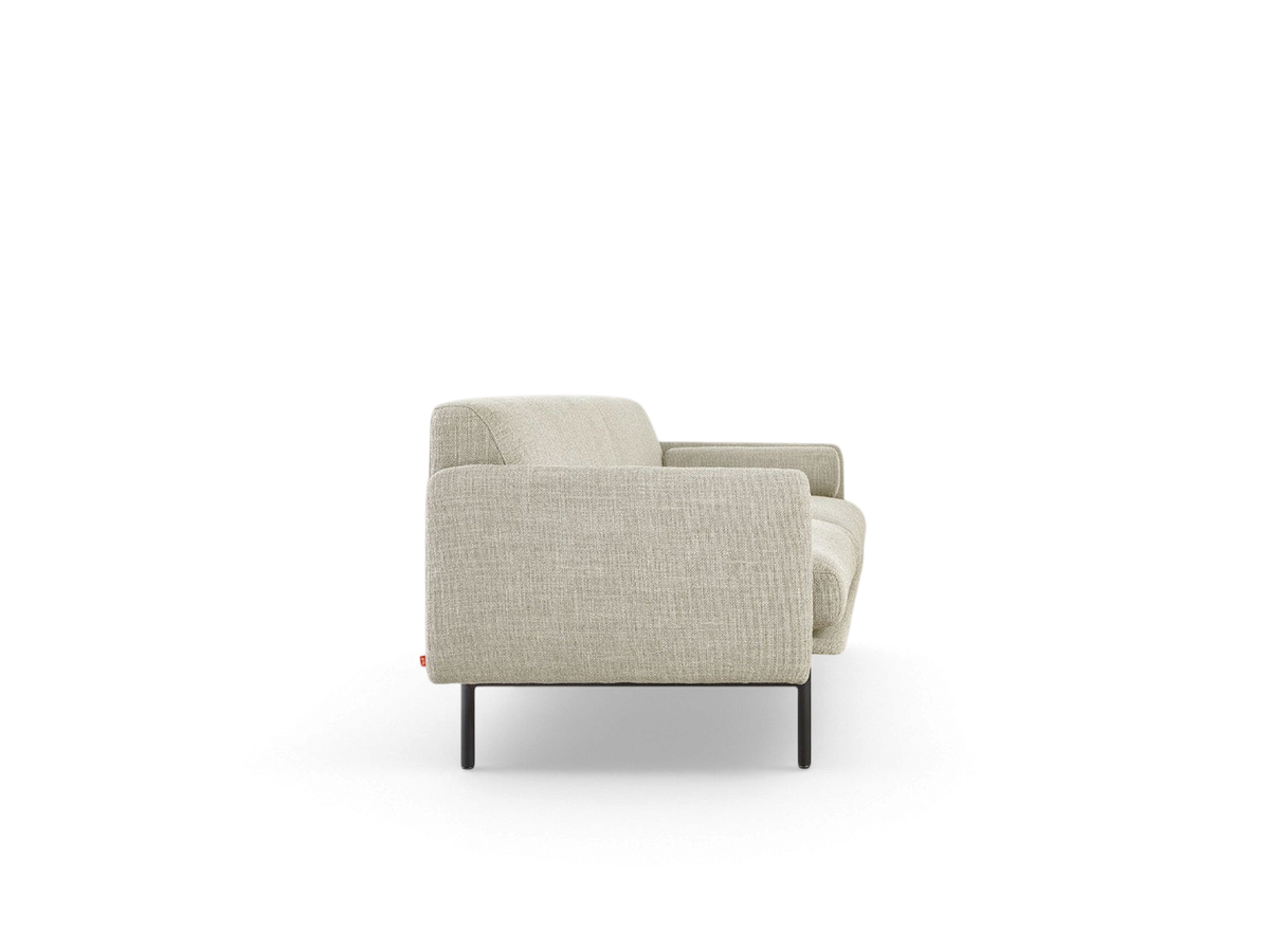 urbane EQ3 Foundry Sofa in light grey fabric with a minimalist tightback design and black powder-coated steel legs