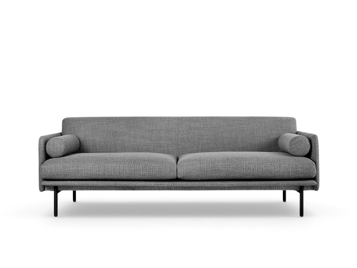 urbane EQ3 Foundry Sofa in grey fabric with a tightback frame, bolster cushions, and black steel legs.