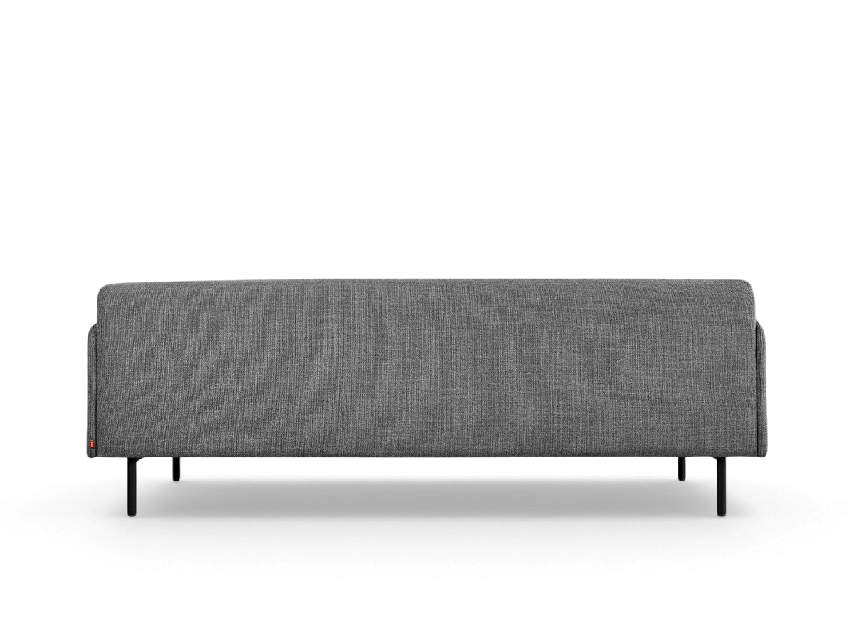 urbane EQ3 Foundry Sofa in grey fabric with a minimalist tightback design and slender black steel legs