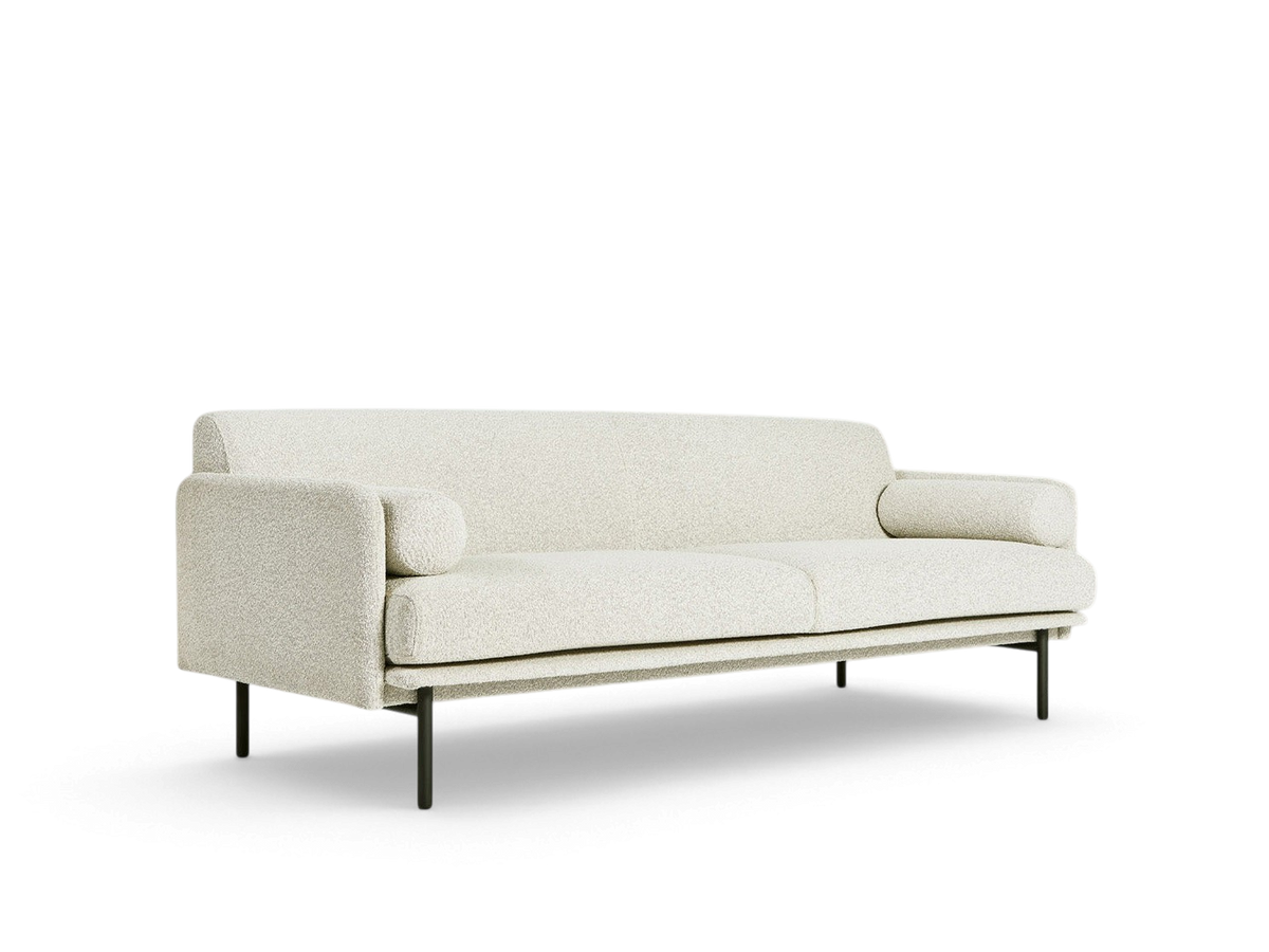 urbane EQ3 Foundry Sofa in cream textured fabric with black steel legs and two bolster cushions