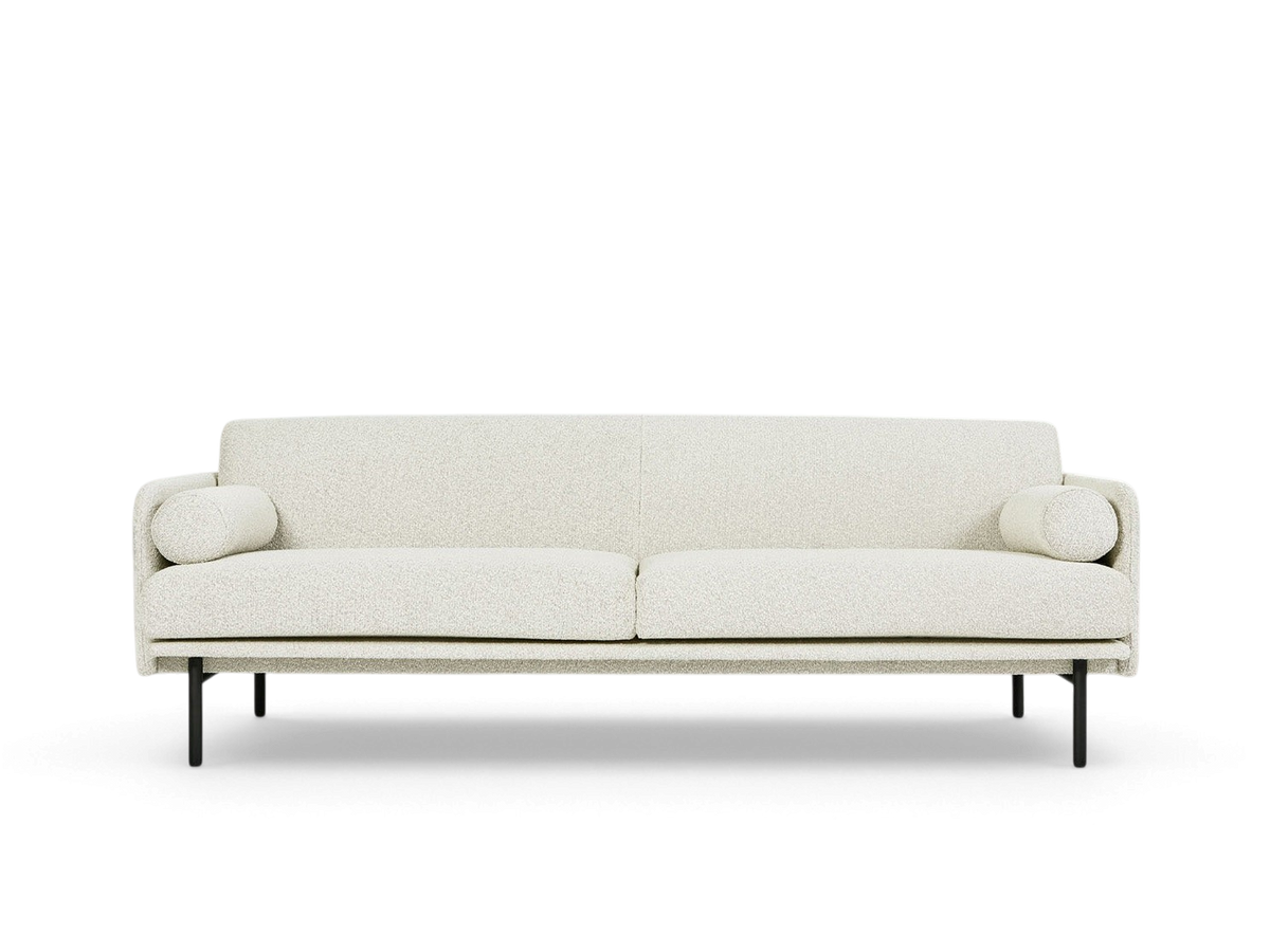 urbane EQ3 Foundry Sofa in off-white textured fabric with two bolster cushions and black steel cylindrical legs