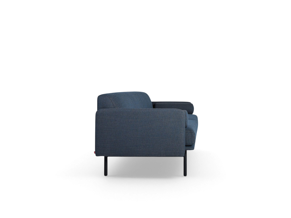 urbane EQ3 Foundry sofa in blue fabric with a minimalist tightback design and black powder-coated steel legs