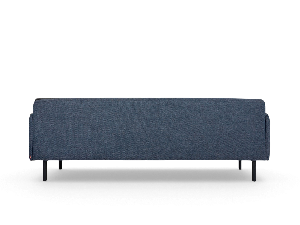 urbane EQ3 Foundry Sofa in blue fabric with a minimalist tightback design and black powder-coated steel legs
