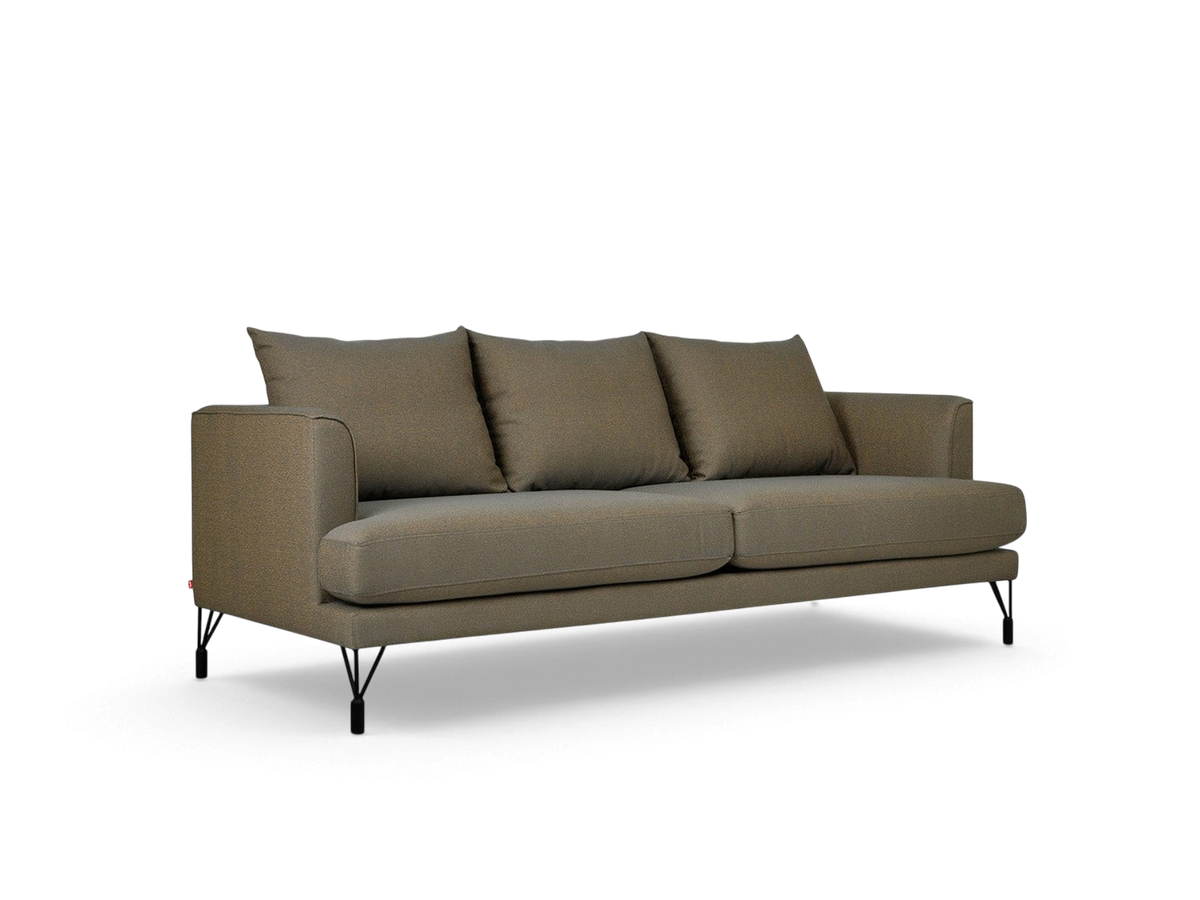 urbane EQ3 Highline Sofa in a neutral textured fabric with curved arms, French-seam detailing, and black metal legs.