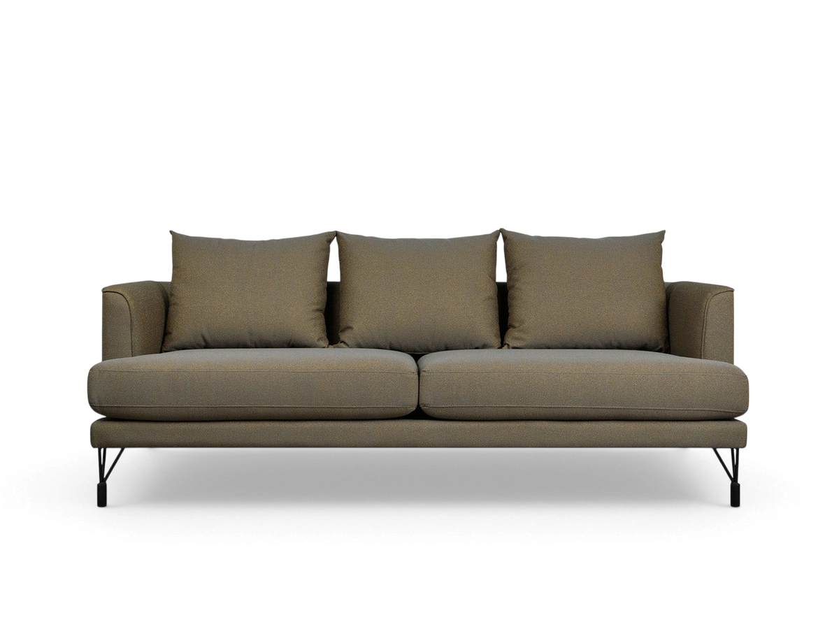 urbane EQ3 Highline Sofa in a neutral fabric with curved arms, French-seam detailing, and slim architectural legs.