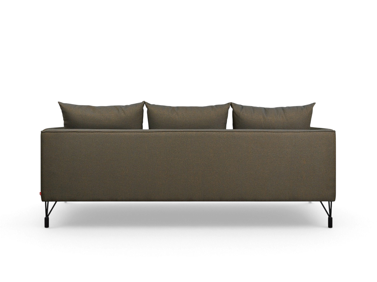 Back view of the urbane EQ3 Highline Sofa featuring a dark textured fabric, slim frame, and black architectural legs.